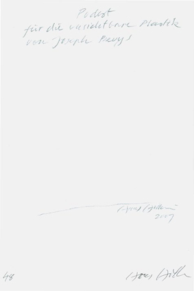 Hans Hollein, Podest für die unsichtbare Plastik von Joseph Beuys, 2007, Lithographie einer Bleistiftzeichnung, Text, 29,7 x 21 cm, Foto: Museumsverein